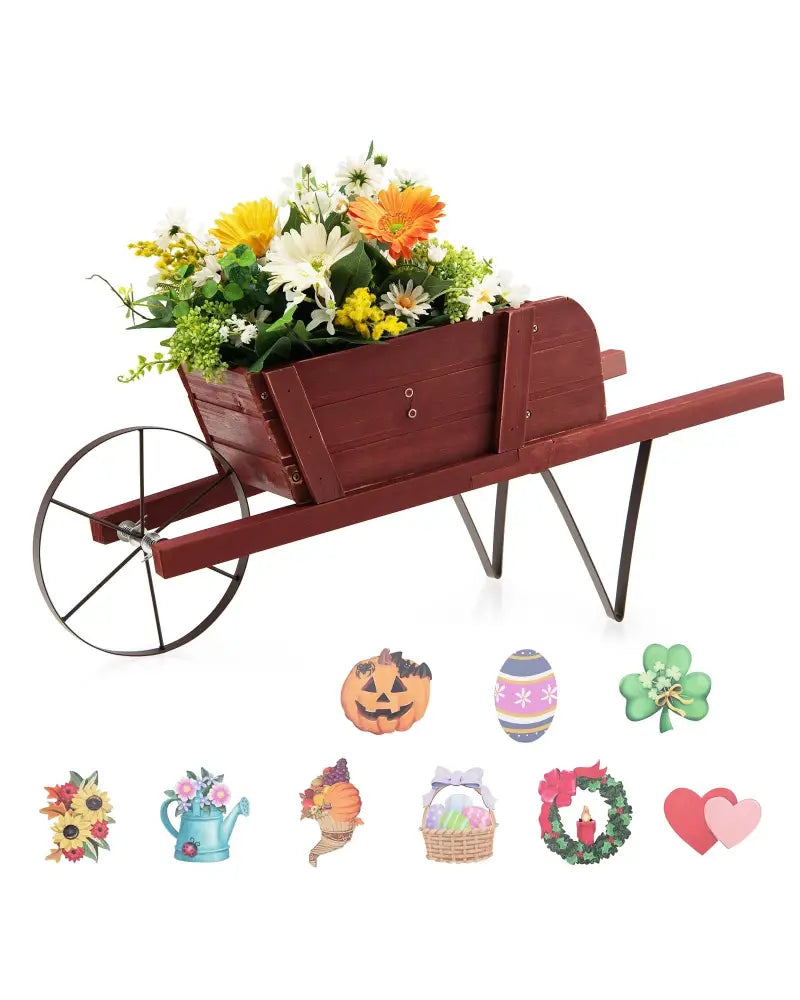 Wooden Wagon Planter with 9 Magnetic Accessories for Garden Yard-Red - Red - Plant Stands