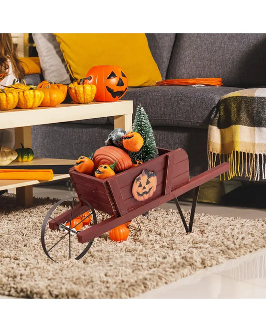 Wooden Wagon Planter with 9 Magnetic Accessories for Garden Yard-Red - Red - Plant Stands