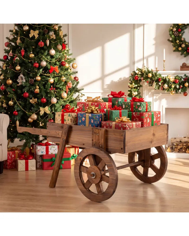 Wooden Wagon Planter with Wheels for Indoor and Outdoor Use-Brown - Brown - Raised Garden Beds