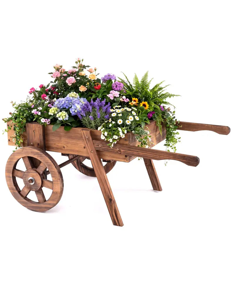 Wooden Wagon Planter with Wheels for Indoor and Outdoor Use-Brown - Brown - Raised Garden Beds