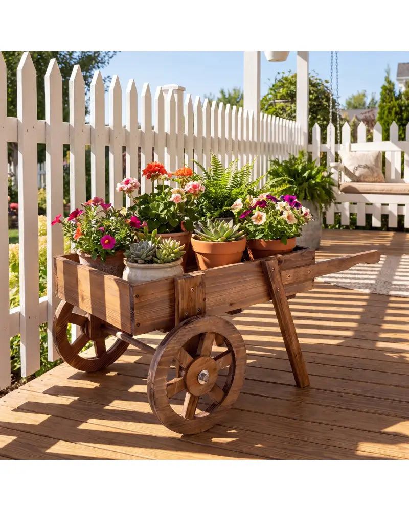 Wooden Wagon Planter with Wheels for Indoor and Outdoor Use-Brown - Brown - Raised Garden Beds
