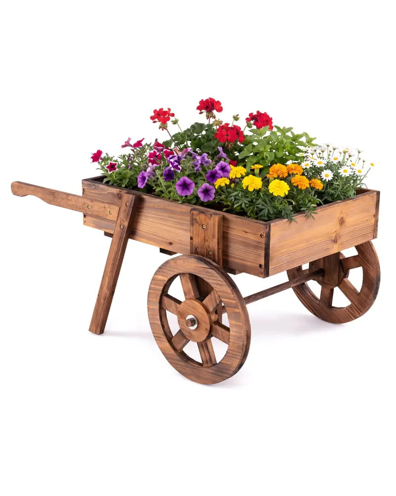 Wooden Wagon Planter with Wheels for Indoor and Outdoor Use-Brown - Brown - Raised Garden Beds