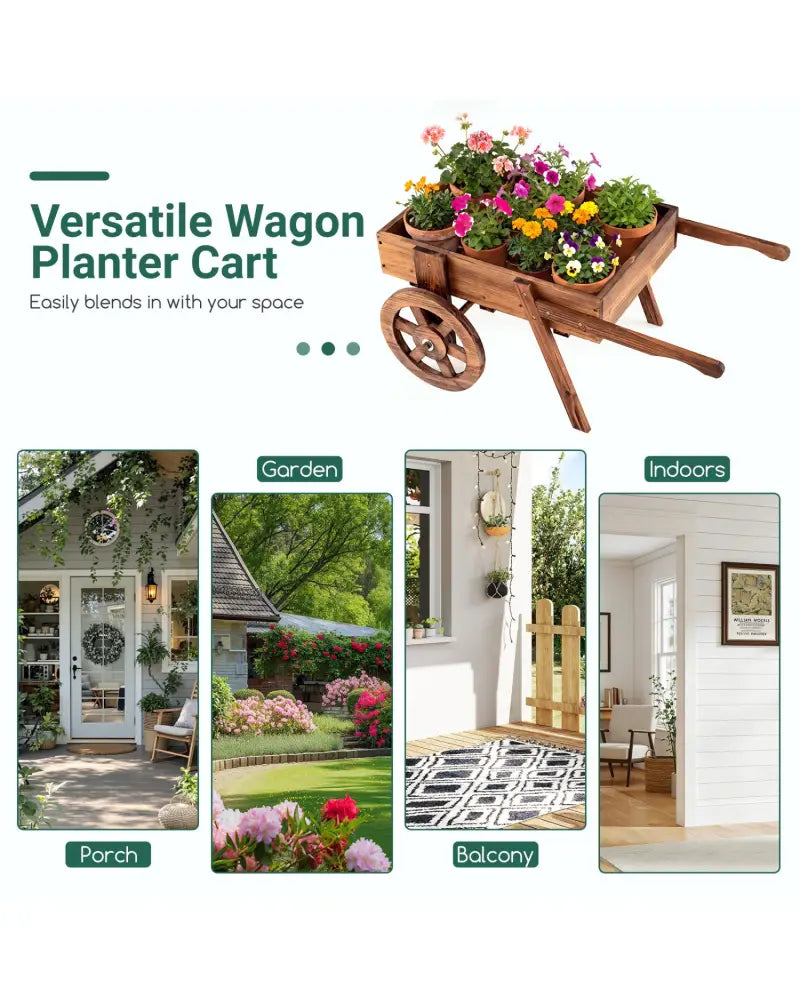 Wooden Wagon Planter with Wheels for Indoor and Outdoor Use-Brown - Brown - Raised Garden Beds