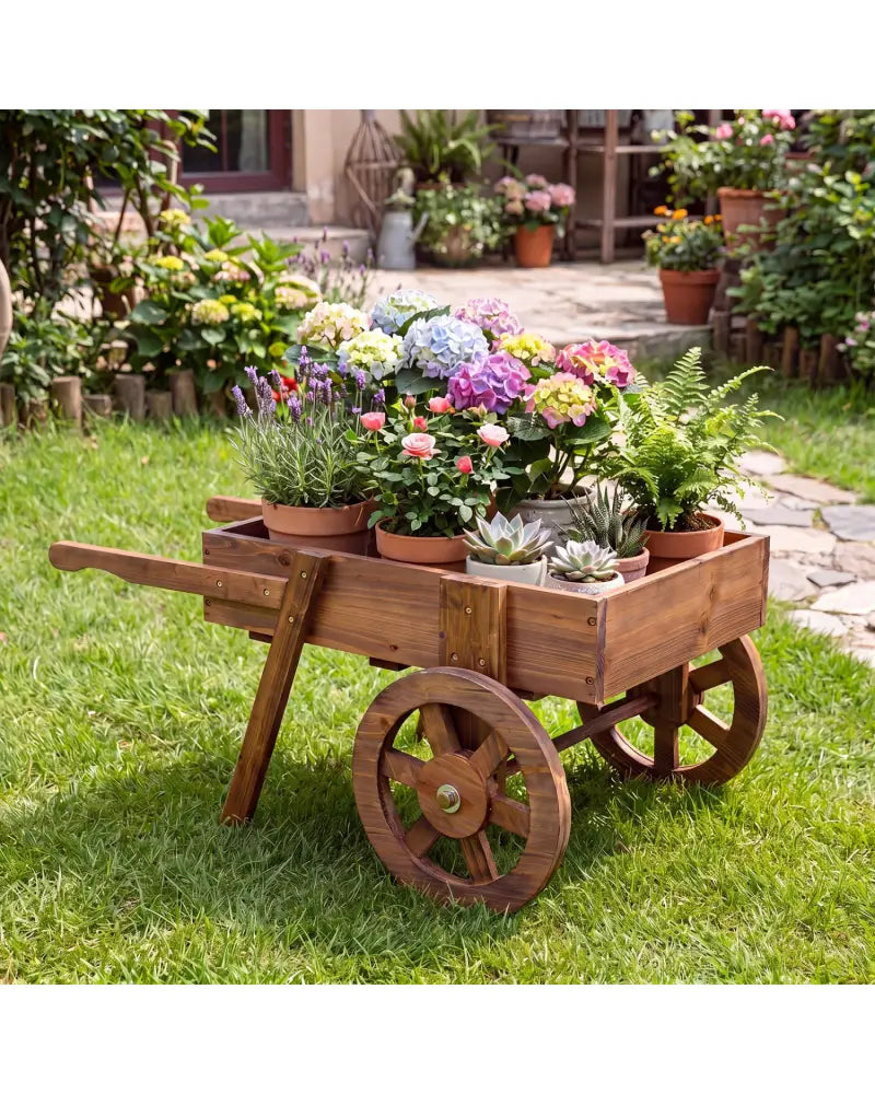 Wooden Wagon Planter with Wheels for Indoor and Outdoor Use-Brown - Brown - Raised Garden Beds