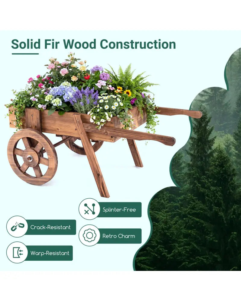 Wooden Wagon Planter with Wheels for Indoor and Outdoor Use-Brown - Brown - Raised Garden Beds
