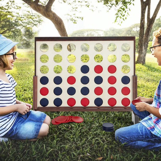 Wooden4-in-a-row Game Set with 42 PCS Chips and 600D Oxford Fabric Carrying Bag-Brown - Brown - Lawn Games