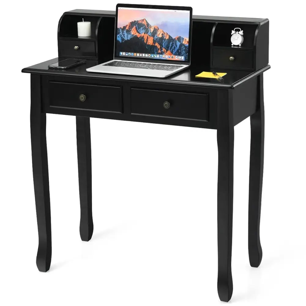 Writing Desk 2-Tier Vanity Desk Computer Desk with 4 Drawers-Black - Black - Writing Desks