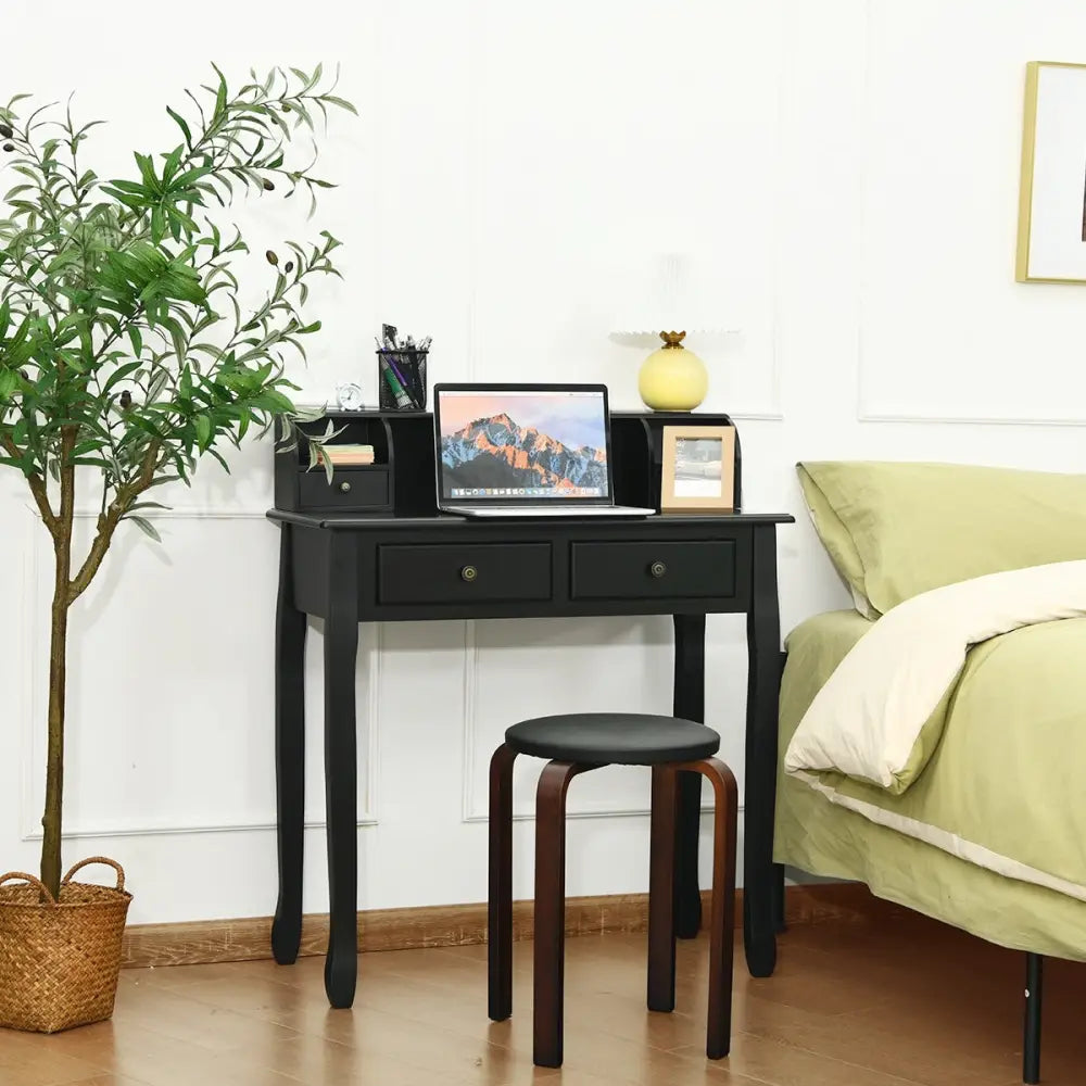 Writing Desk 2-Tier Vanity Desk Computer Desk with 4 Drawers-Black - Black - Writing Desks