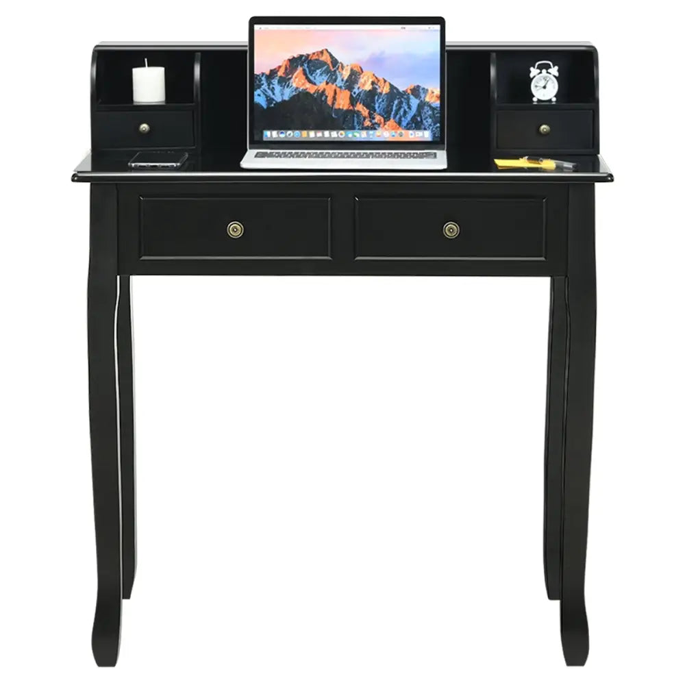 Writing Desk 2-Tier Vanity Desk Computer Desk with 4 Drawers-Black - Black - Writing Desks