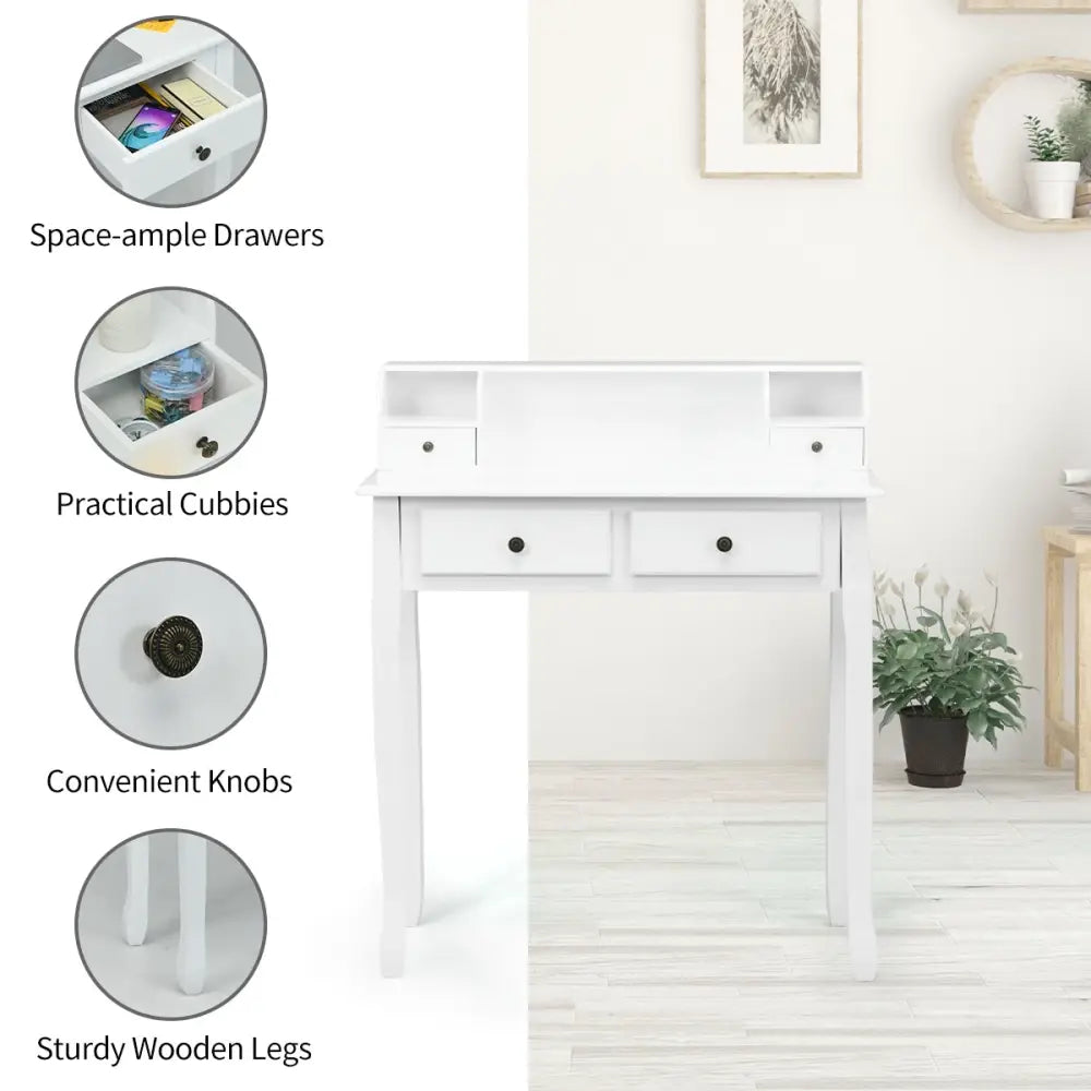 Writing Desk 2-Tier Vanity Desk Computer Desk with 4 Drawers-White - White - Writing Desks