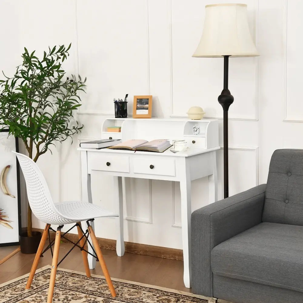 Writing Desk 2-Tier Vanity Desk Computer Desk with 4 Drawers-White - White - Writing Desks