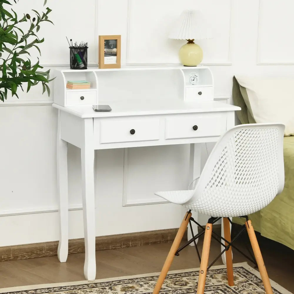 Writing Desk 2-Tier Vanity Desk Computer Desk with 4 Drawers-White - White - Writing Desks