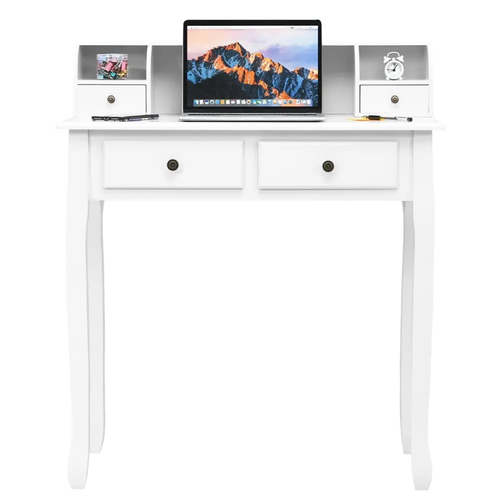 Writing Desk 2-Tier Vanity Desk Computer Desk with 4 Drawers-White - White - Writing Desks