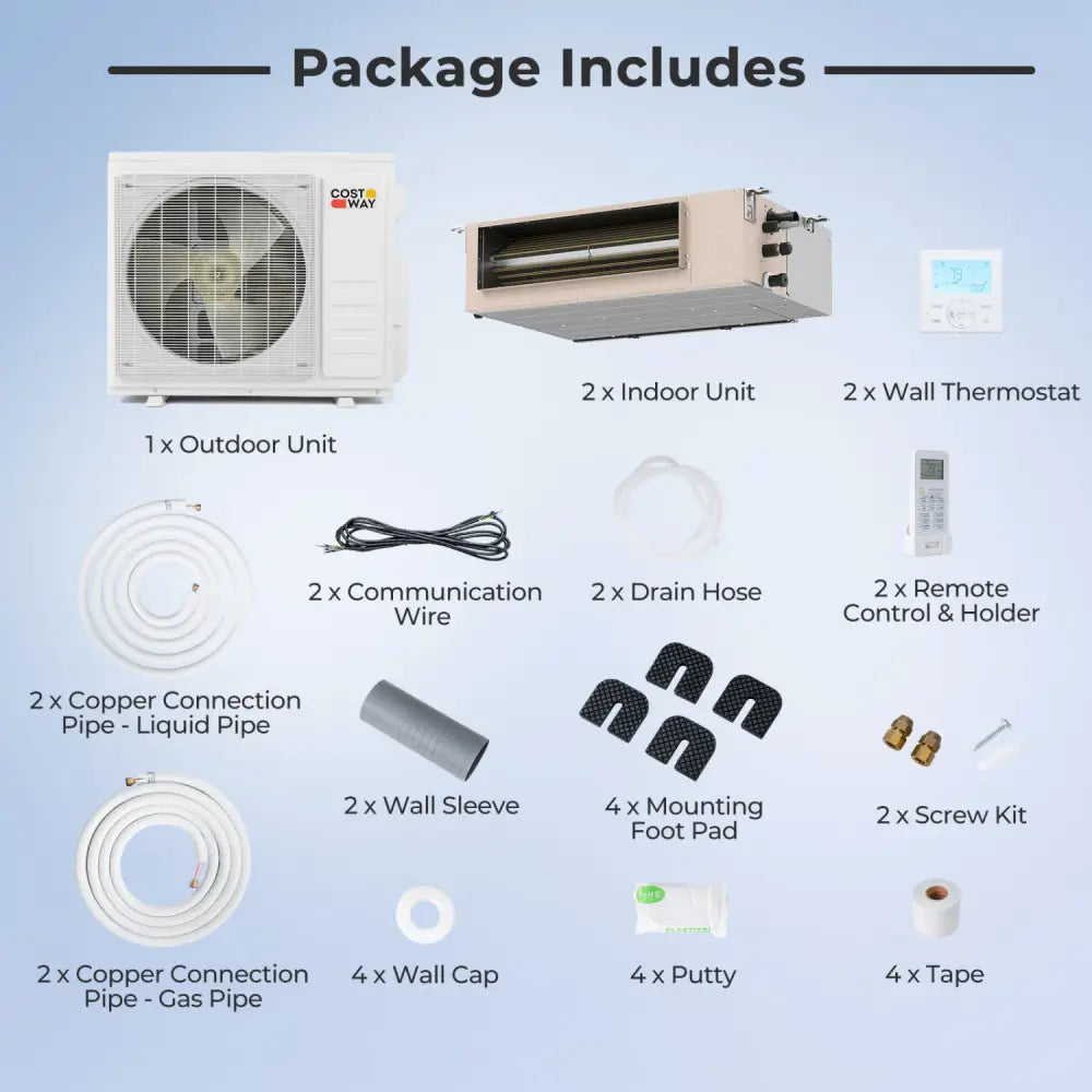 X-Pro 35000 BTU 2 Zone 22.5 SEER2 Concealed Ducted Mini Split AC-12K + 18K - White - 2 Zone Mini Split