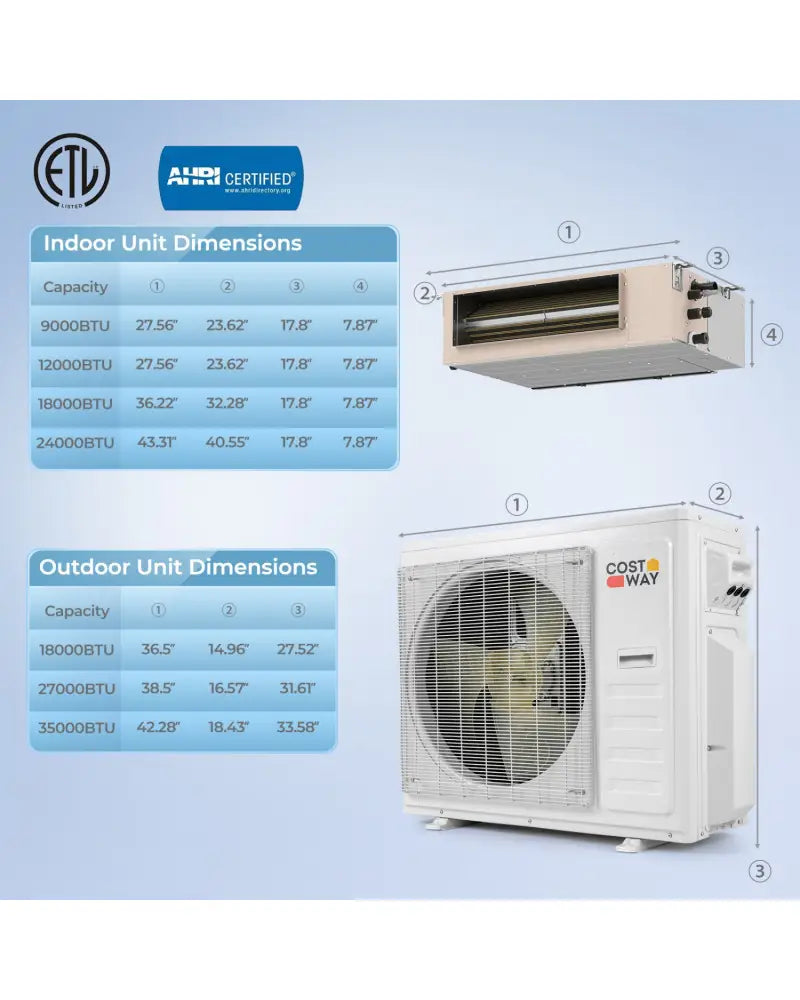 X-Pro 35000 BTU 2 Zone 22.5 SEER2 Concealed Ducted Mini Split AC-18K + 24K - White - 2 Zone Mini Split