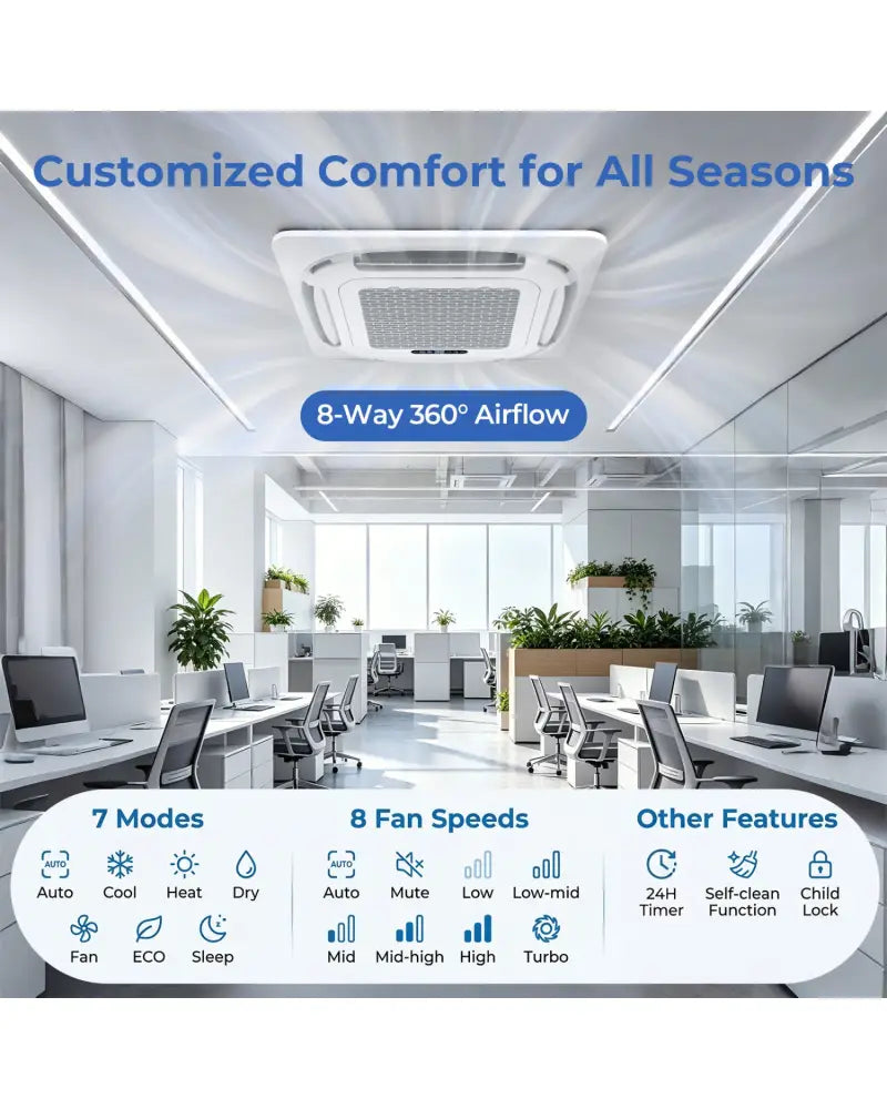 X-Pro 35000 BTU 3 Zone 22.5 SEER2 Ceiling Cassette Mini Split AC-9K + 9K + 12K - White - 3 Zone Mini Split