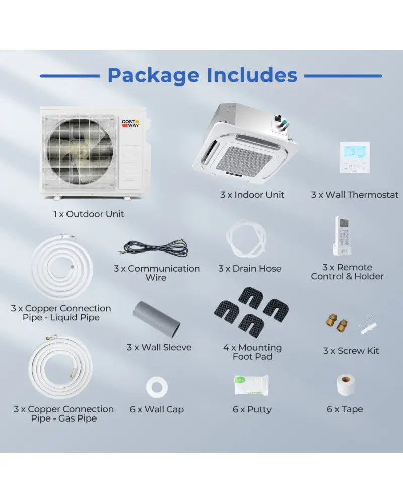 X-Pro 35000 BTU 3 Zone 22.5 SEER2 Ceiling Cassette Mini Split AC-9K + 9K + 12K - White - 3 Zone Mini Split