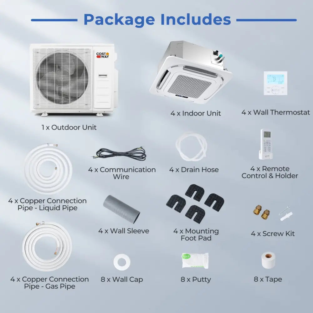 X-Pro 35000 BTU 4 Zone 22.5 SEER2 Ceiling Cassette Mini Split AC-9K + 9K + 9K + 9K - White - 4 Zone Mini Split