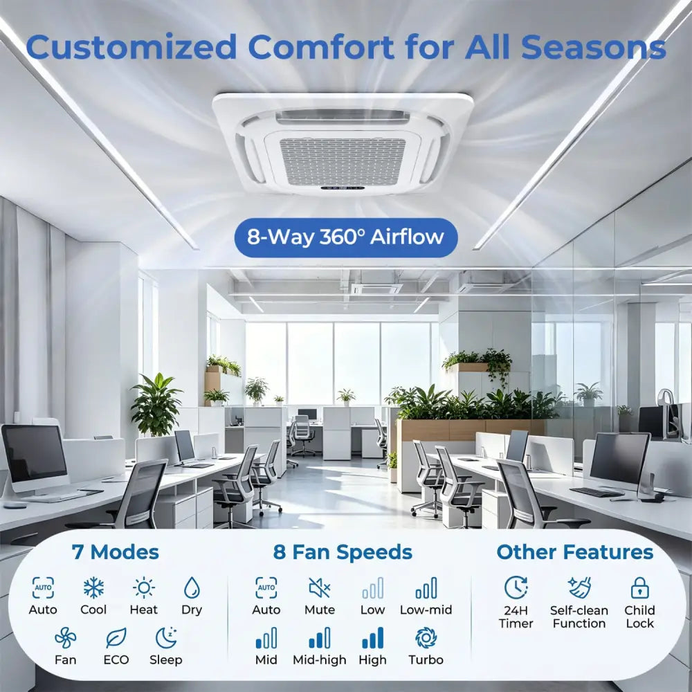 X-Pro 35000 BTU 4 Zone 22.5 SEER2 Ceiling Cassette Mini Split AC-9K + 9K + 9K + 9K - White - 4 Zone Mini Split