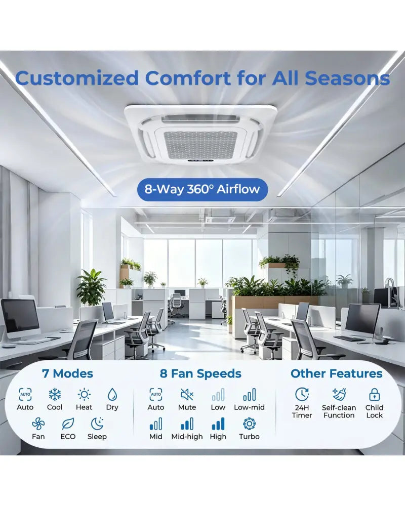 X-Pro 35000 BTU 4 Zone 22.5 SEER2 Ceiling Cassette Mini Split AC-9K + 9K + 9K + 9K - White - 4 Zone Mini Split