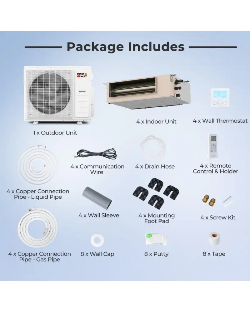 X-Pro 35000 BTU 4 Zone 22.5 SEER2 Concealed Ducted Mini Split-9K + 12K + 12K + 12K - White - 4 Zone Mini Split