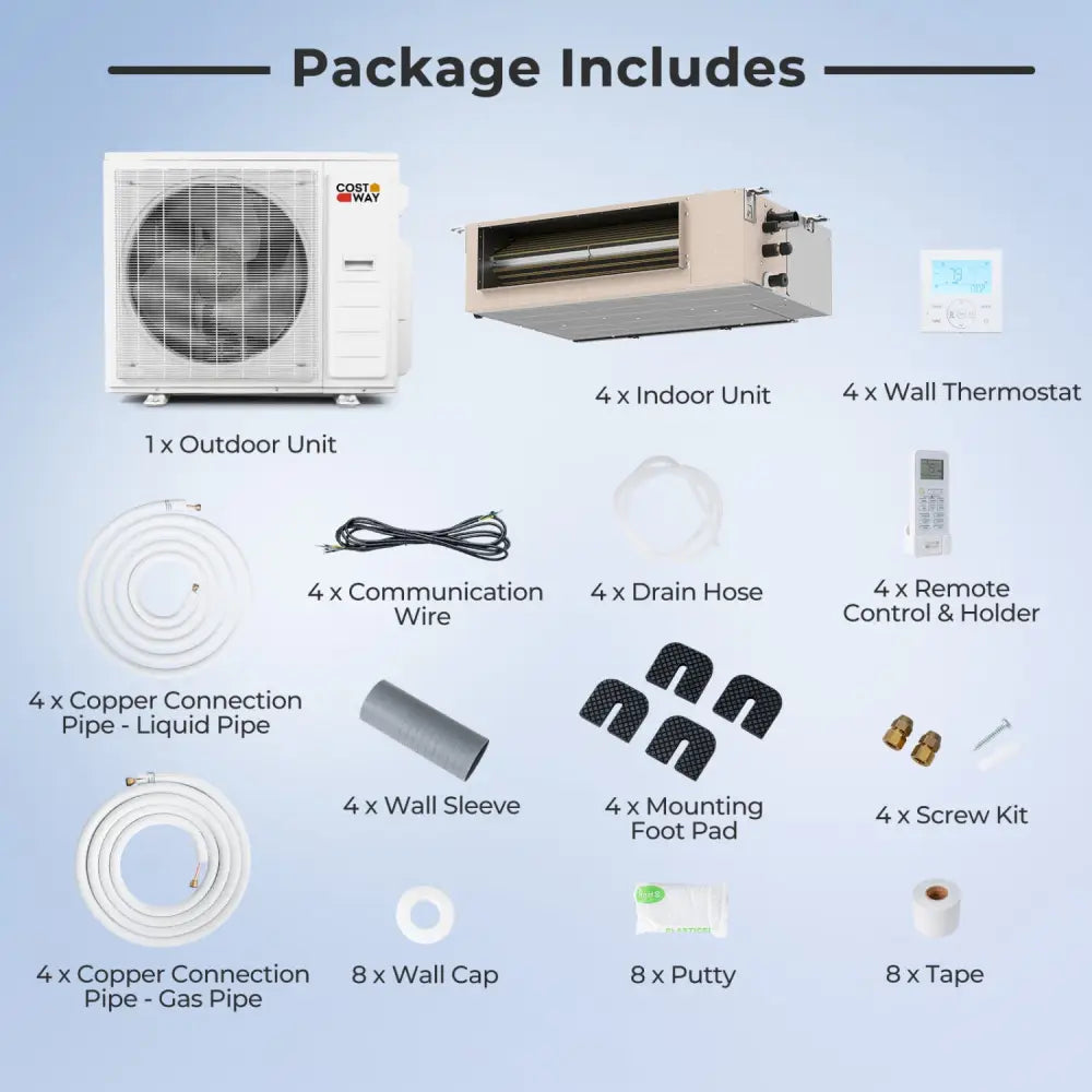 X-Pro 35000 BTU 4 Zone 22.5 SEER2 Concealed Ducted Mini Split AC-9K + 9K + 9K + 18K - White - 4 Zone Mini Split