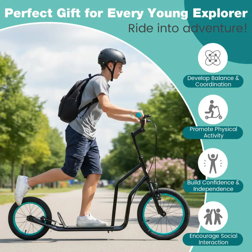 Youth Scooter with Adjustable Handlebar and 16/14-Inch Inflatable Wheels for Age 8+ Years Old-Black - Black - Scooters