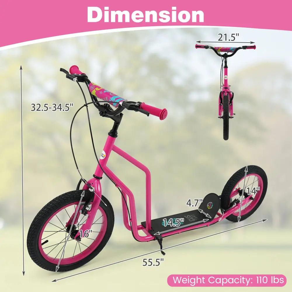 Youth Scooter with Adjustable Handlebar and 16/14-Inch Inflatable Wheels for Age 8+ Years Old-Pink - Pink - Scooters