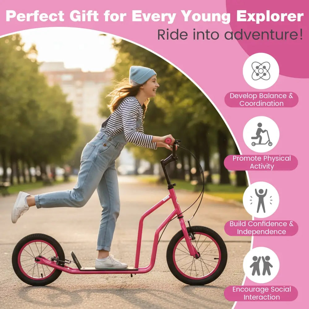 Youth Scooter with Adjustable Handlebar and 16/14-Inch Inflatable Wheels for Age 8+ Years Old-Pink - Pink - Scooters