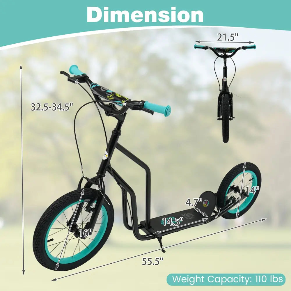 Youth Scooter with Adjustable Handlebar and 16/14-Inch Inflatable Wheels for Age 8+ Years Old-Black - Black - Scooters