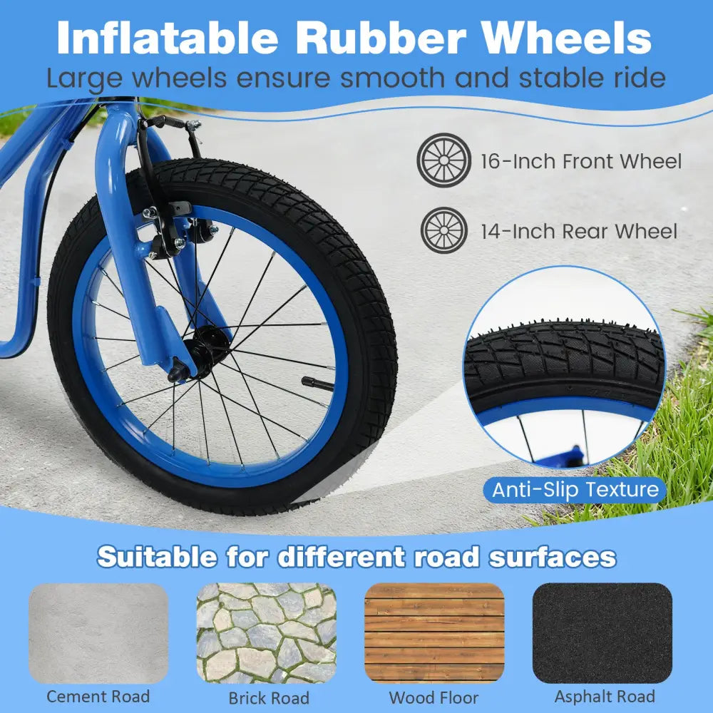 Youth Scooter with Adjustable Handlebar and 16/14-Inch Inflatable Wheels for Age 8+ Years Old-Blue - Blue - Scooters