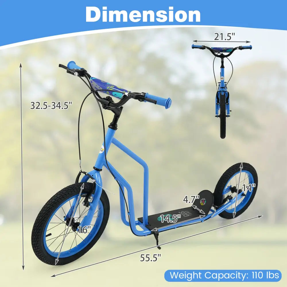 Youth Scooter with Adjustable Handlebar and 16/14-Inch Inflatable Wheels for Age 8+ Years Old-Blue - Blue - Scooters