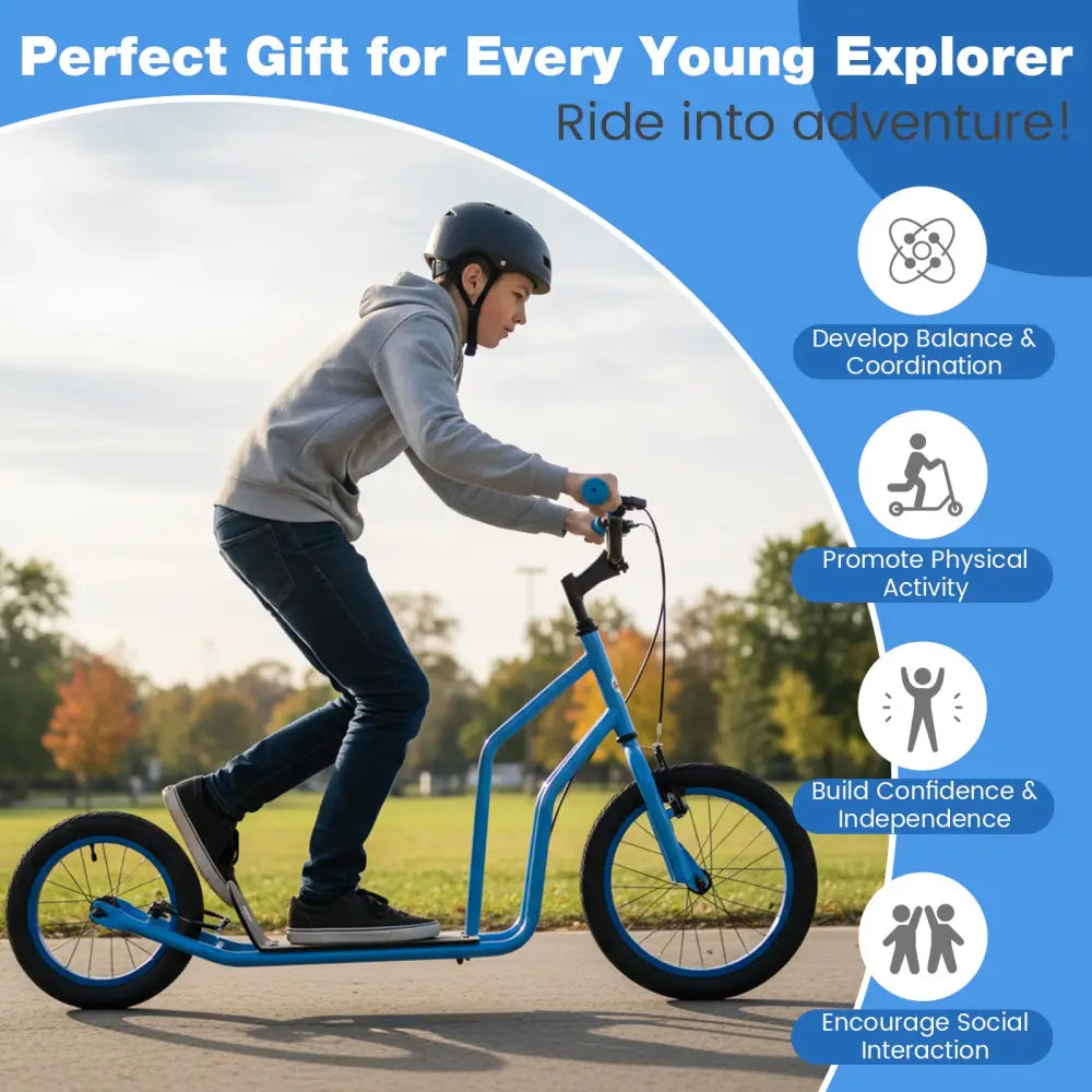 Youth Scooter with Adjustable Handlebar and 16/14-Inch Inflatable Wheels for Age 8+ Years Old-Blue - Blue - Scooters